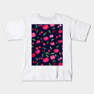 Watercolor cherries pattern - red, green on dark blue Kids T-Shirt